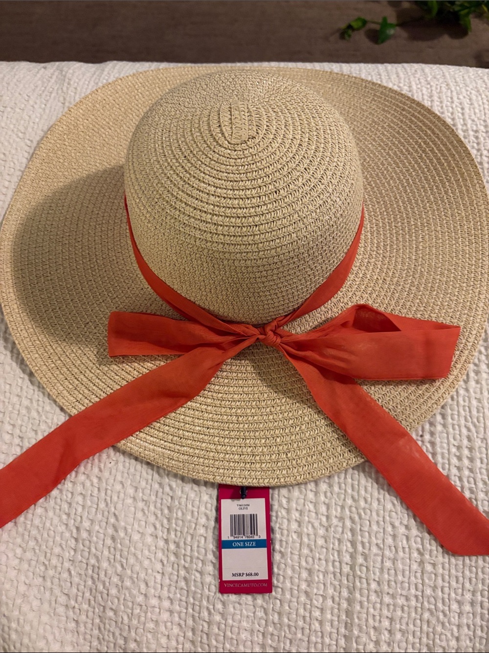 *NWT* Vince Camuto Natural Straw Sun Hat with Orange Ribbon Tie